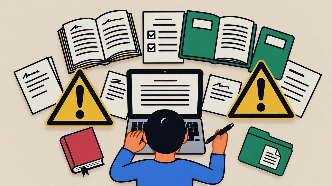 Person working on a laptop surrounded by open books, checklists, documents, and warning signs, symbolizing study overload, information stress, and the pressure of multitasking or managing multiple academic and work responsibilities.